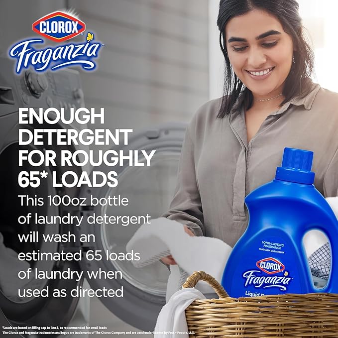Clorox Fraganzia Liquid Laundry Detergent, Linen Scent - High Efficiency Formula for All Front and Top Load Washing Machines, Long-Lasting Fragrance, 65 Loads per Bottle, 100 Fl Oz - 3 Pack