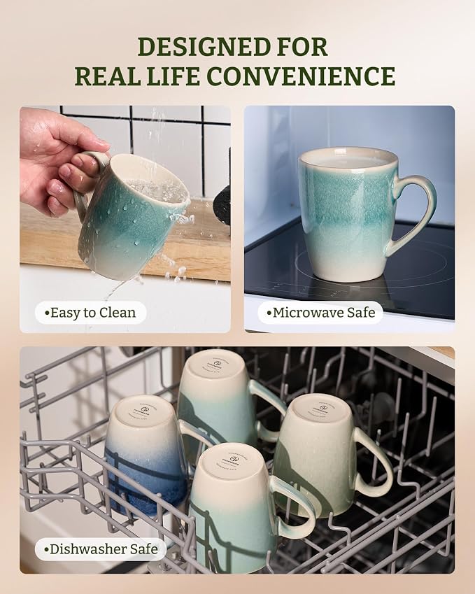 famiware Coffee Mugs Set, 13 oz Mug Set of 8, Stoneware Cups for Latte, Hot Tea, Mocha, Cocoa, Cappuccino, Microwave and Dishwasher Safe, Glacier Series, Aqua
