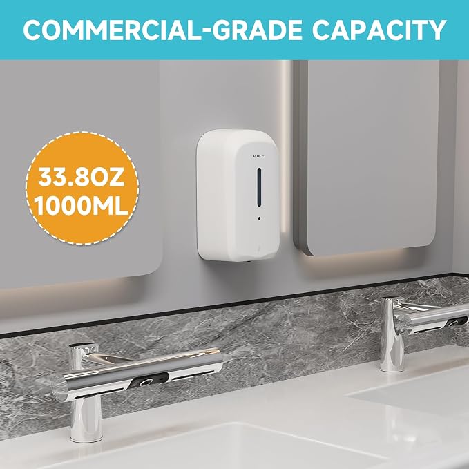 AIKE Liquid Automatic Soap Dispenser,33.8oz Capacity for Bathroom,White | 5-Level Adjustable and Savety Key for Commercial(4*AA Batteries Not Included),Screw Wall Mount for Space-Saving,AK1226S
