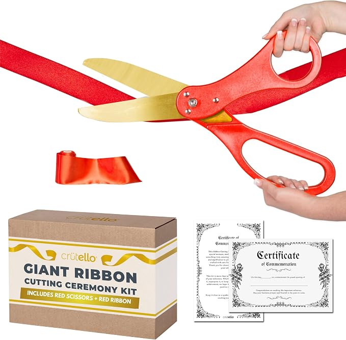 Crutello Grand Opening Ribbon Cutting Kit - Giant Gold Scissors with Red Handle & 30ft Red Ribbon 4"Wide
