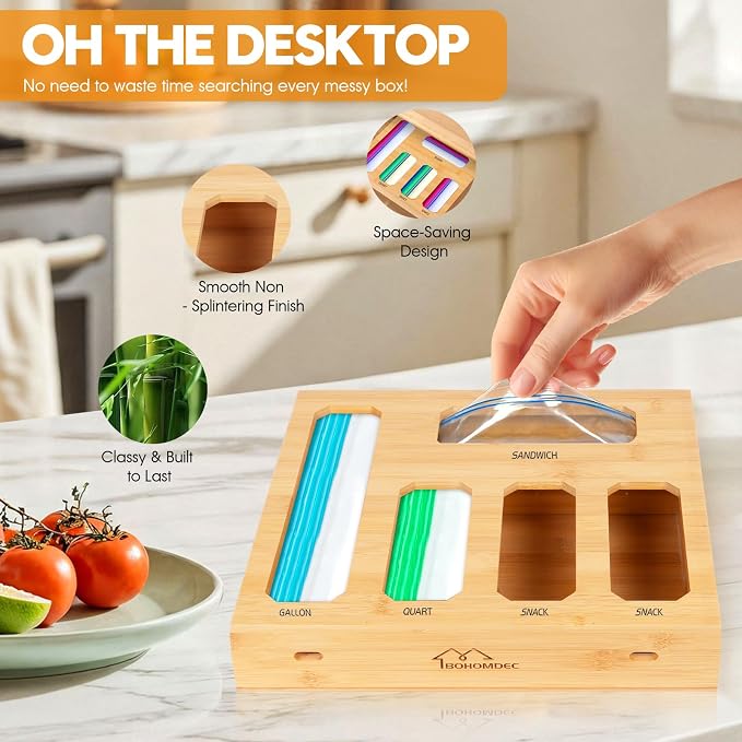 Bamboo Ziplock Bag Organizer for Kitchen Drawer, Food Storage Baggie Holder with 24 Label Stickers, Fits Gallon Quart Sandwich Snack Freezer & Slider Bags, No Assembly, Wall Mount or Drawer