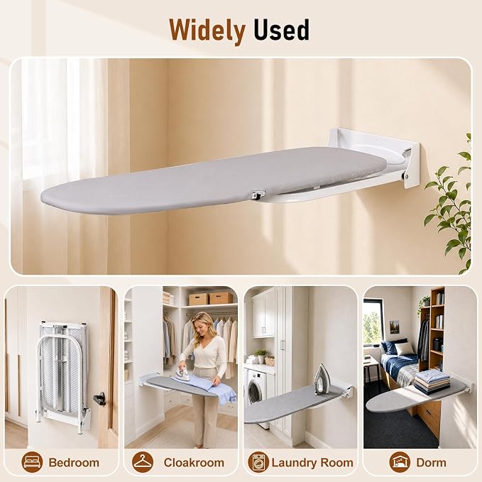 Wall Mounted Folding Ironing Board, Gray | Space Saving Ironing Board with Heat Resistant Cover, Compact Foldable Iron Board for Small Space Home Laundry Room