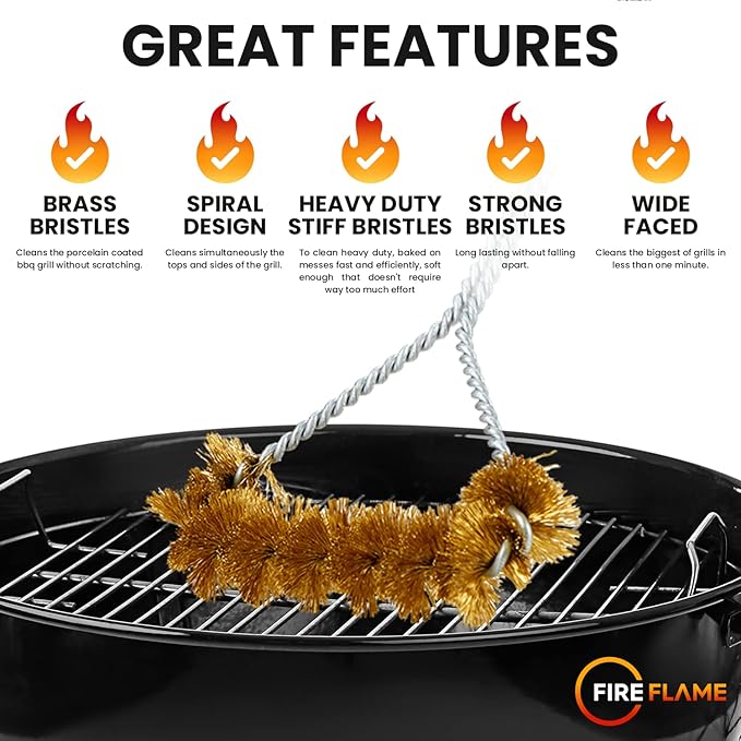 Fireflame BBQ Grill Brush – Non-Scratch Brass Bristles - 16-Inch Long Handle Barbecue Grill Cleaning Brush - Wide-Faced Spiral Heavy-Duty – Made in The USA