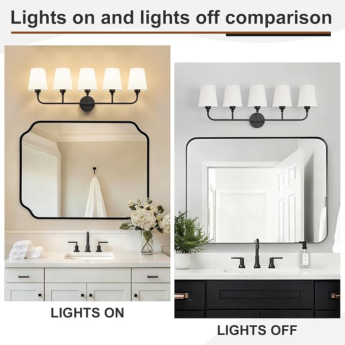 Bathroom Vanity Light, Matte Black Bathroom Light Fixtures, 5-Light Lighting Fixtures Over Mirror, Modern Wall Sconce with Flared White Fabric Shade, E26 Socket(ETL Listed)