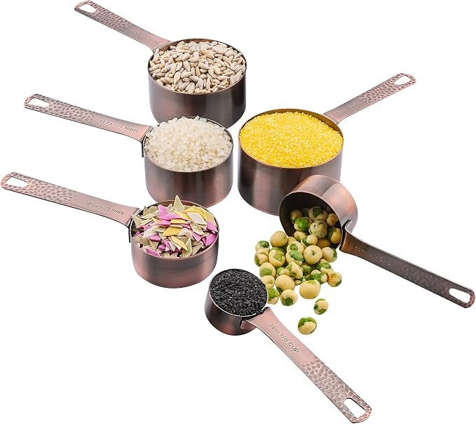 Copper Measuring Cups and Spoons Set, Stainless Steel Copper Plated 6 Metric & US Measuring Cups & 7 Spoons with Leveler for Baking & Kitchen