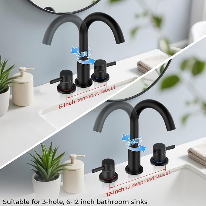 Bathroom Faucet 3 Hole, Matte Black Bathroom Sink Faucet with Pop Up Drain, 8 Inch Widespread Bathroom Faucet with 360° Swivel Spout, 2 Handle Vanity Faucet with Water Supply Hoses (2 Pack)