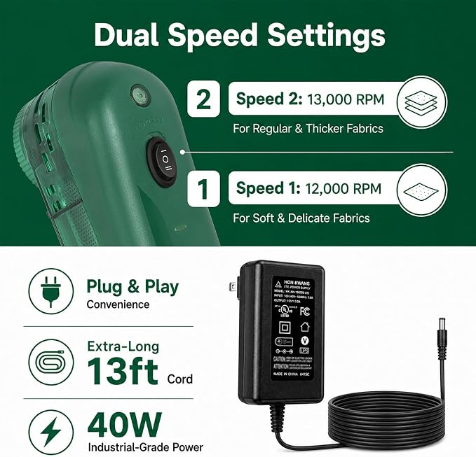 Fabric Shaver for Clothing and Furniture, 40W Commercial Corded Lint Remover, 13,000 RPM Clothes Shaver, 12 ft Cable, 5.8 oz Bin, Six-Leaf Blades for Dry Cleaners and Home Use