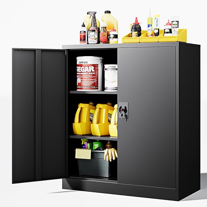 Metal Storage Cabinets with Lock Door,2 Adjustable Shelves Organizer Steel Storage Cabinets for Home,Office,Warehouse,Garage,Employee Lockers(Black)
