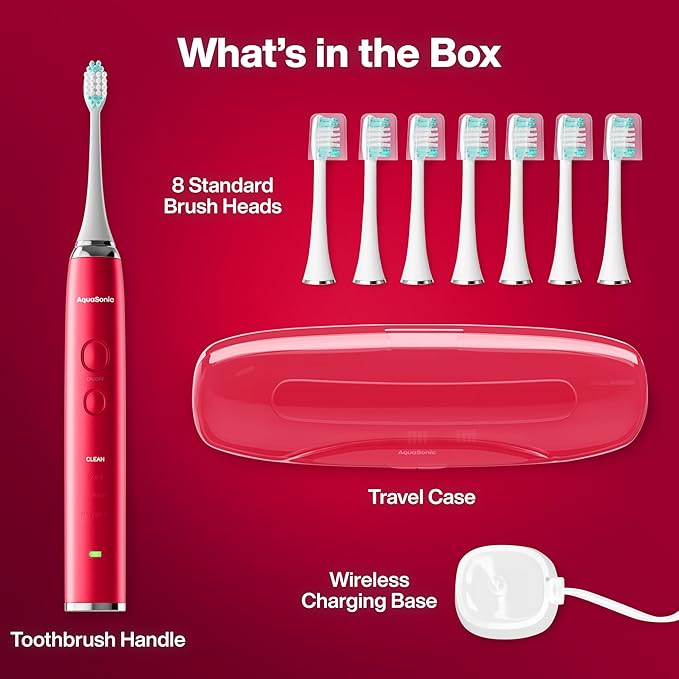 Aquasonic Vibe Series Ultra-Whitening Toothbrush – ADA Accepted Electric Toothbrush - 8 Brush Heads & Travel Case – 40,000 VPM Motor & Wireless Charging - 4 Modes w Smart Timer – Ruby