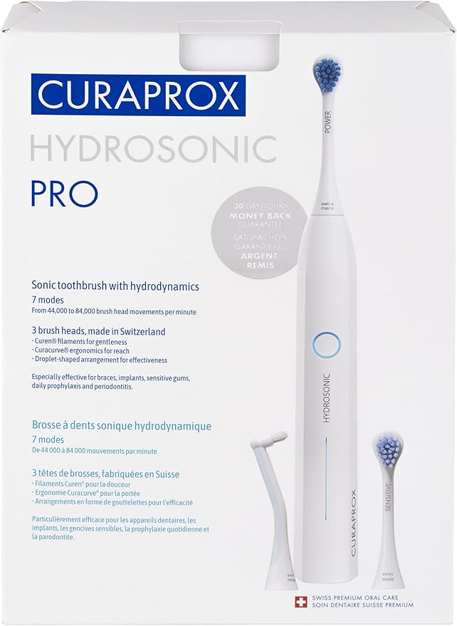 Curaprox Hydrosonic Pro Sonic Toothbrush – for Sensitive Teeth, Implants and Braces | Professional Cleaning at Home | Set with Three Brush Heads