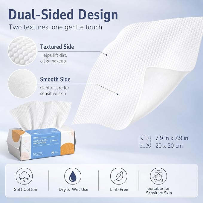 PoeticEHome Face Towel Disposable - Ultra Soft Cotton Tissue Dry Wipes - Lint Free Facial Cleansing Cloths