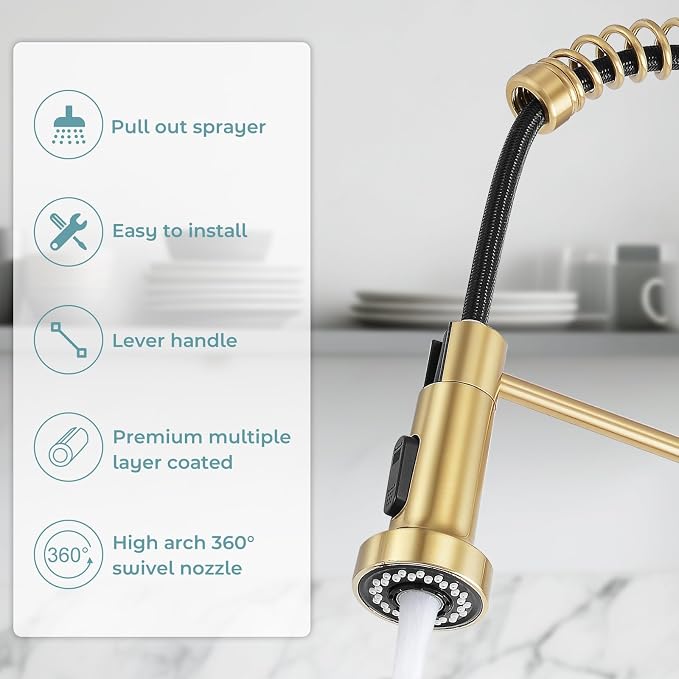 Kitchen Faucet with Soap Dispenser, Brushed Gold | 360° high arc spout, single handle, fingerprint-resistant, drip-free valve, DIY install kit, NSF certified