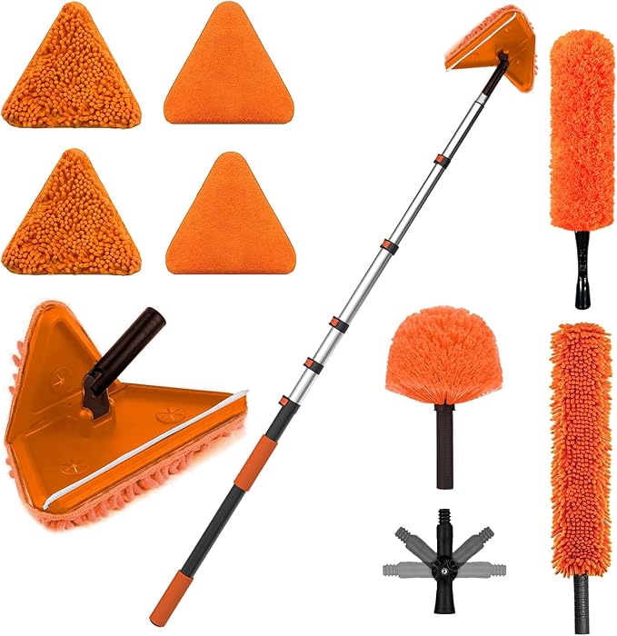LAANPOLE 30FT Reach Dusters for Cleaning, Ceiling Fan Cleaner Duster with Extension Pole, Wall and Baseboard Cleaner Mop with Handle for Window Cobweb Fan Blade and High Ceiling