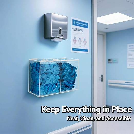 Glove Dispenser Wall Mounted Medical Glove Holder with 2 Compartment Clear Acrylic Hygiene Dispenser for Hair Nets, Shoe Covers, Beard Nets - Sanitation Station Storage Organizer