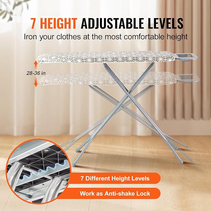 VEVOR Ironing Board with Large 43 x 13 Ironing Surface, Thickened 4 Layers Iron Board with Heat Resistant Cover and 100% Cotton Cover, 7 Adjustable Heights Ironing Board for Home Laundry Room Use