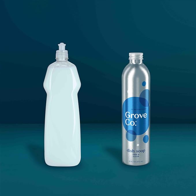 Grove Co. Ultimate Dish Soap Refill Bundle, Free & Clear Unscented, 3-Pack of 16 oz Aluminum Bottles with Reusable Glass Soap Dispenser, Plant-Based Grease-Cutting Formula