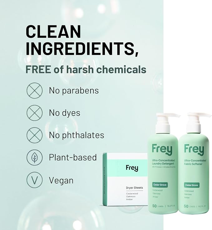 FREY The Complete Package - Concentrated Liquid Laundry Detergent, Fabric Softener, & Dryer Sheets (Cedar Grove)