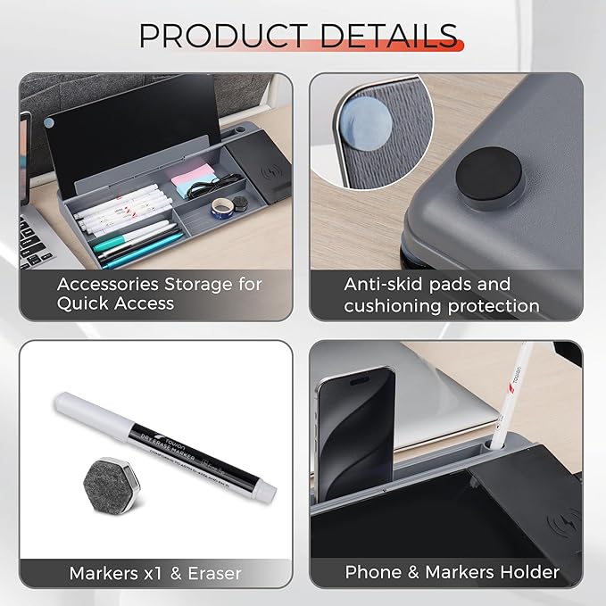TOWON Glass Desk Whiteboard with Wireless Charger, Desktop Dry Erase Board with Storage & Phone Stand – Compact ~16 x 7 in, Black – Includes Marker & Eraser, Tempered Glass, Rewrite Reusable