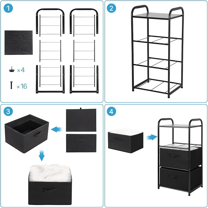 MAX Houser Dresser Storage with 3 Fabric Drawers, Black | Vertical Storage Unit for Bedroom,Chest of Drawers with Metal Frame, Wooden Tabletop, for Living Room, Closet