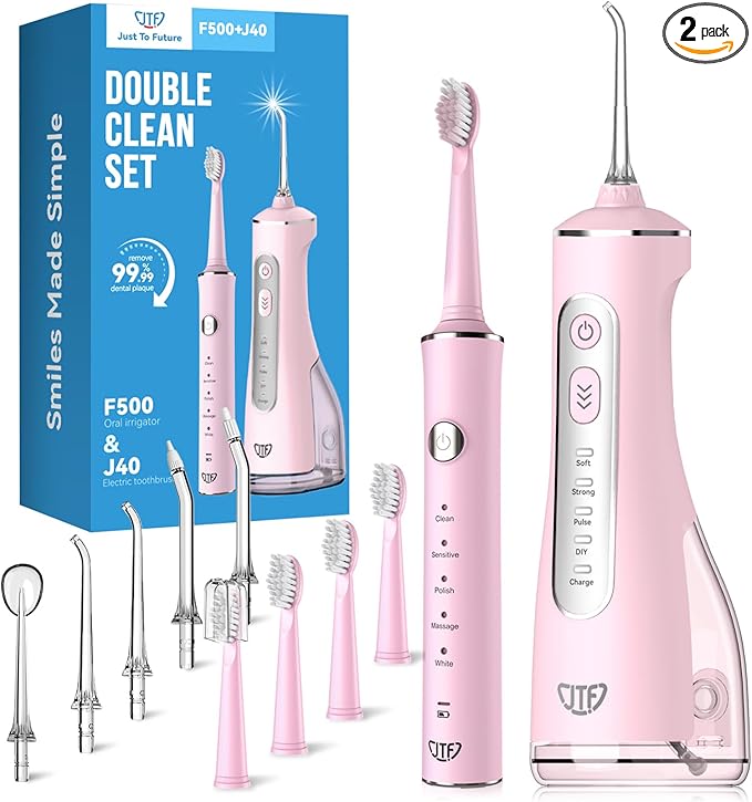 JTF Electric Toothbrush & Water Flosser Combo, 2-1 Portable Oral Clean Kit | Effective Yet Gentle Brushing & Flossing, Multiple Modes for Braces & Sensitive Teeth Care, Cordless for Home Travel, Pink