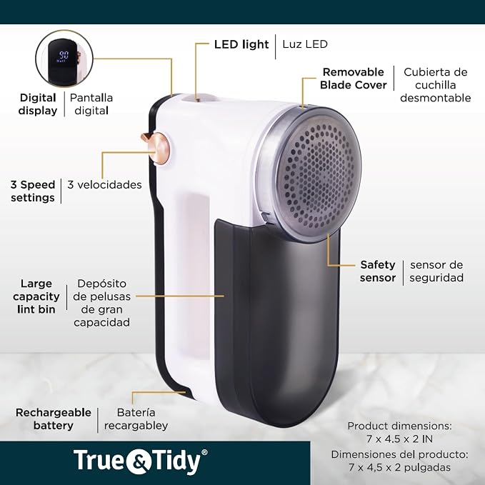 True & Tidy XL Rechargeable Fabric Shaver & Fuzz Remover w/Built-in Light