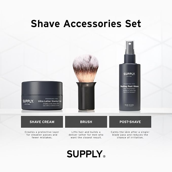 SUPPLY Men’s Shave Accessories Set – Ultra Lather Shaving Cream 3.4oz, Alcohol-Free Aftershave Spray 2 oz, and Synthetic Shaving Brush – Fragrance Free/Matte Black
