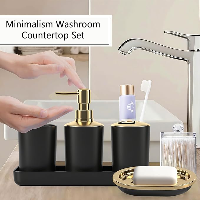 9 Pieces Black Bathroom Accessories Set, Gorgeous Gold Bathroom Set, Trash Can, Toilet Brush, Soap Dispenser and Toothbrush Holder, Soap Dish, Tumber, Qtip Holder, Tray, Sink Countertop Set Decor