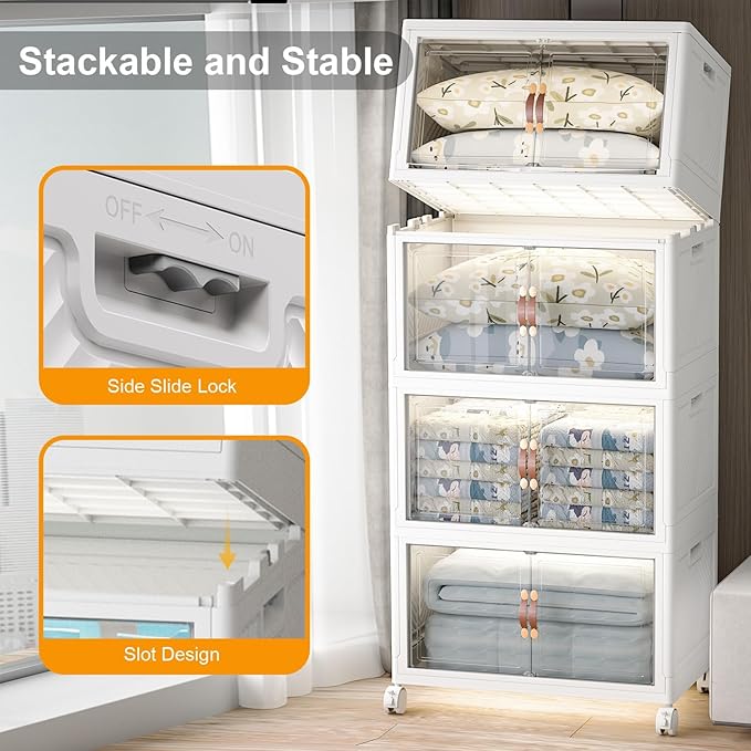 Stackable Storage Bins, 1440QT Collapsible Drawers with 2 Lids | Large Capacity, Magnetic Door, Stack Lock, Rolling Wheels, Foldable Design, Organizers and Storage for Bedroom Dorm Garage