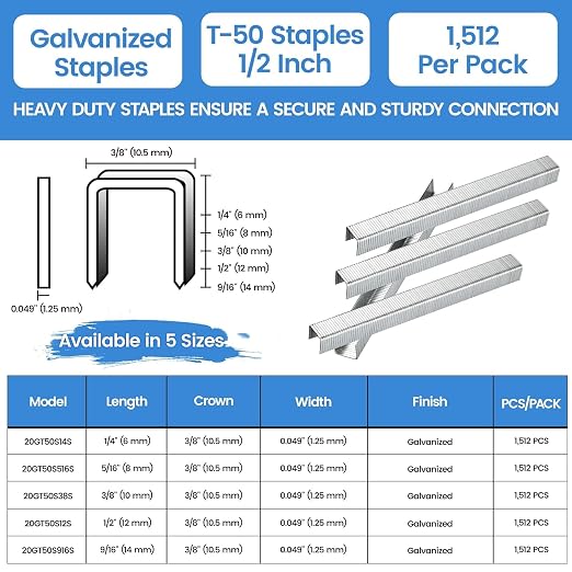 meite T50 Staple Gun Staples, 1/2 Inch Heavy Duty Staples, Galvanized 20 Gauge 3/8 Inch Crown Staple for Upholstery, Construction, Furniture (10 Packs)