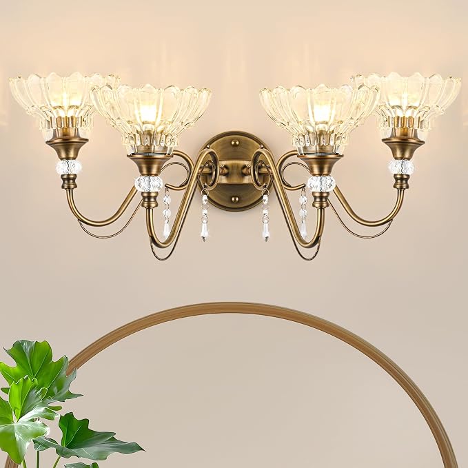 Vintage Bathroom Vanity Light, 4-Light Matte Antique Brass Finish Wall Sconce with Hanging Crystal Accents and Flower-Shaped Clear Glass Shades, Retro Wall Mount Vanity Light Over Mirror for Bathroom