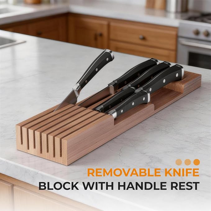 TIOPGHAD Small-Bamboo-Silverware-Drawer-Organizer, Expandable Utensil Kitchen Cutlery Tray Flatware Organization Wood Tableware Dividers Storage (with Removable Knife Block)(Brown)