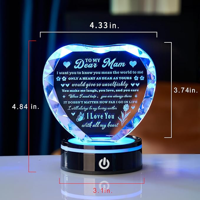 Crystal Heart Birthday Gifts Ideas for Mother from Son Daughter Moms Mother's Day Mothers Day Gifts for Mom Romantic Best Unique Keepsakes Presents with Colorful LED Base Gift (Mom Gifts)