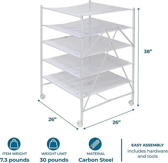 Honey-Can-Do 5-Tier Mesh Laundry Drying Rack with Wheels, Soft Nylon Flat Drying for Sweaters Delicates, Foldable Rolling Clothes Rack, 43 Linear Feet, Holds 30 lbs, White