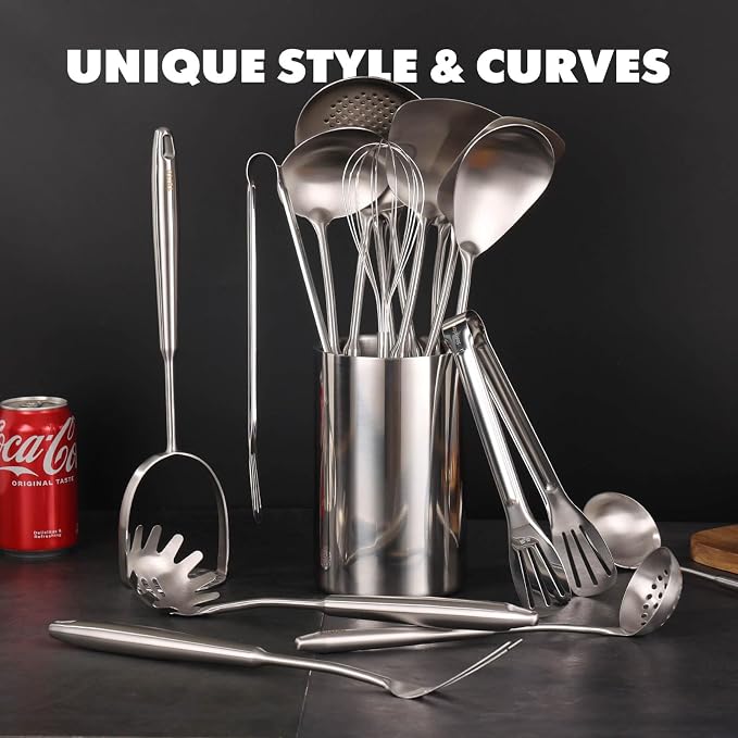 18/10 Stainless Steel Cooking Utensils Set - 16 PCS All Metal Utensils | Kitchen Tools - Whisk, Masher, Fork, Tong, Solid Slotted Spoon, Spatula, Turner, Ladle, Skimmer, Pasta, Small Large Spoon Set