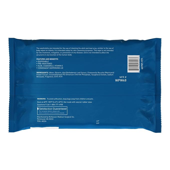 McKesson Washcloth Wipes for Adults, Scented (3 Pack, 144 Washcloths) Disposable Wash Cloths for Body - No-Rinse Formula with Snap Lid - Good for Incontinence and Elderly - 48 Wipes Per Pack