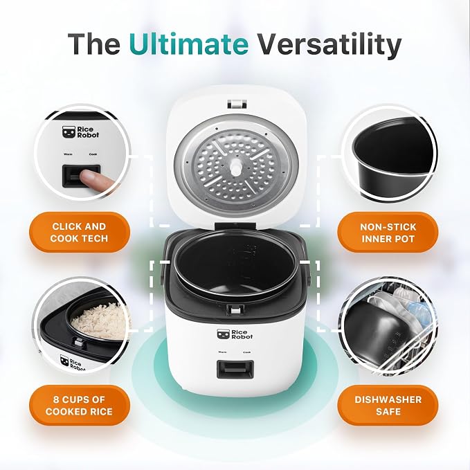 Rice Robot Rice Cooker – Family Size 4 Cup Uncooked (8 Cups Cooked) Electric Rice Maker | PFAS-Free Ceramic Nonstick | Includes Stainless Steel Steamer Tray and Accessories | As Seen on TV