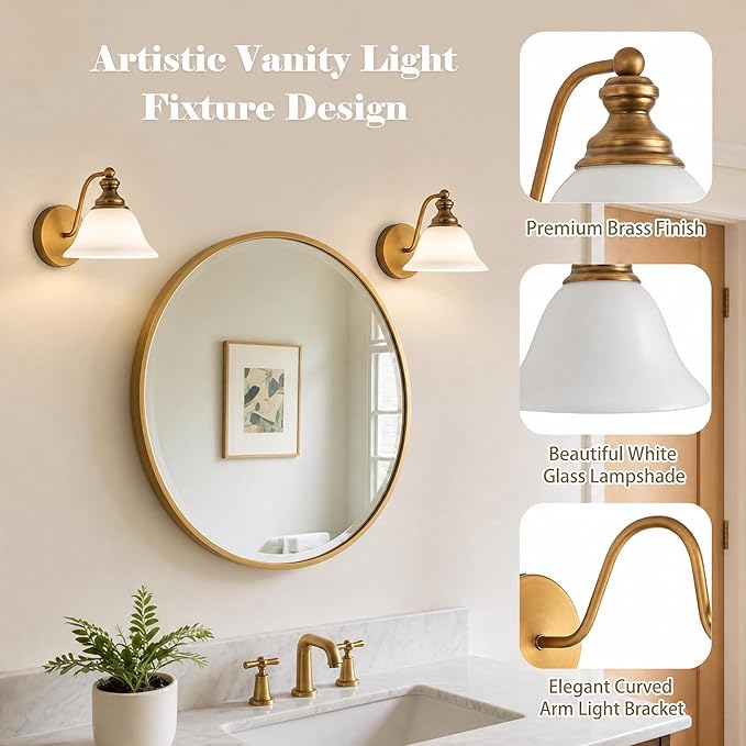 Brass Wall Sconce, 7.87" W x 7.87" H Vintage Gold Brushed Metal Wall Lighting, E26 Bulb Base, Farmhouse Wall Lamp for Hallway, Bedside, Corridor, Bedroom, Bathroom Vanity (Bulb Not Inclu