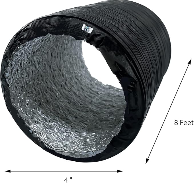 PVC Flexible Aluminum Black Covered Duct Hose 4 Inch 8 Feet For HVAC Ventilation and Exhaust With 2 Clamps