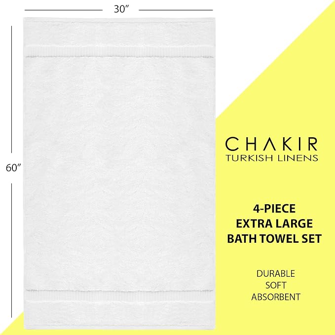 Chakir Turkish Linens 4 Piece Extra Large Bath Towels, 100% Cotton Luxury Turkish Towels for Bathroom, Soft Absorbent Bath Towels, 30 x 60 Inches, White