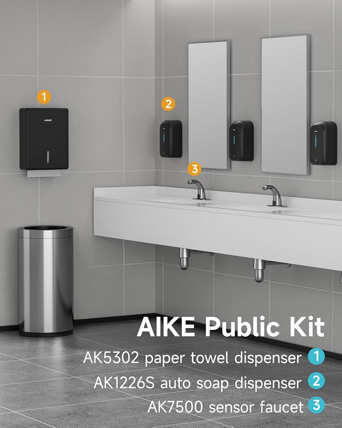 AIKE Liquid Automatic Soap Dispenser,33.8oz Capacity for Bathroom,Black | 5-Level Adjustable and Savety Key for Commercial(4*AA Batteries Not Included),Screw Wall Mount for Space-Saving,AK1226S