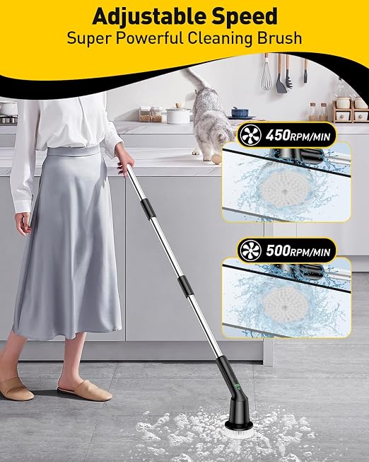 Shower Scrubber with Long Handle, Cleaning Tool for Bathroom Shower Toilet | Shower Cleaner Brushes with IPX7 Waterproof & 2 Speed, 3 Brush Heads, Bathroom Cleaning Supplies for Toilet Tub