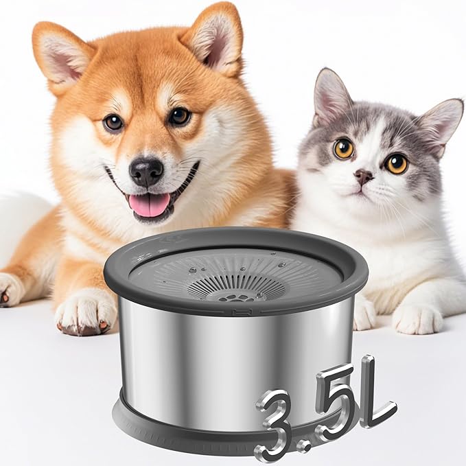 3.5L Dog Water Bowl No Spill 118oz Stainless Steel Water Bowl for Dogs No Splash Slow Water Feeder with Anti-Slip Mat for Messy Drinkers 3.5L+2 Filters