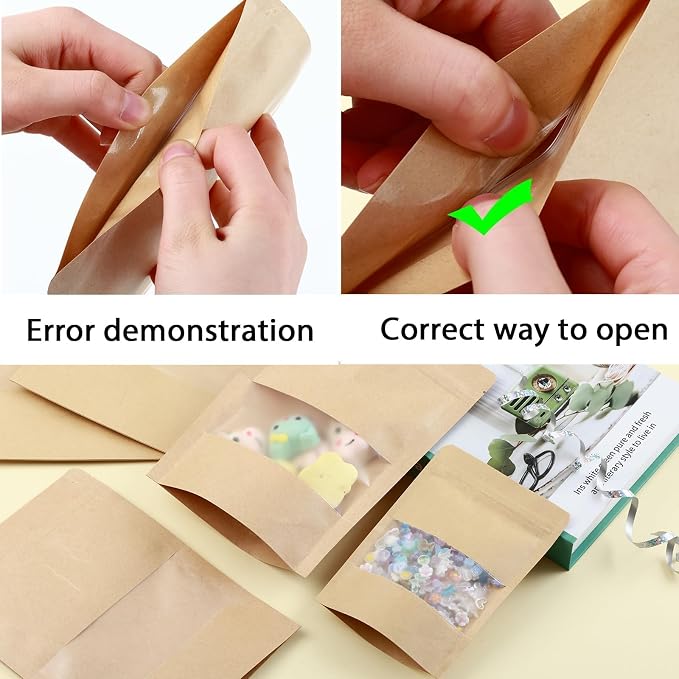 4X6 Resealable Bags Kraft Mylar Bags for Food Storage 300 Pcs Mylar Bags with Window Candy Packaging Reclosable Small Stand Up Pouches Edible Packaging, Kraft Paper Bags for Small Business