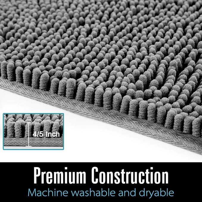LOCHAS Luxury Bathroom Rug Shaggy Bath Mat 24 x 60 Inch, Gray | Washable Non Slip Bath Rugs for Bathroom Shower, Soft Plush Chenille Absorbent Carpets