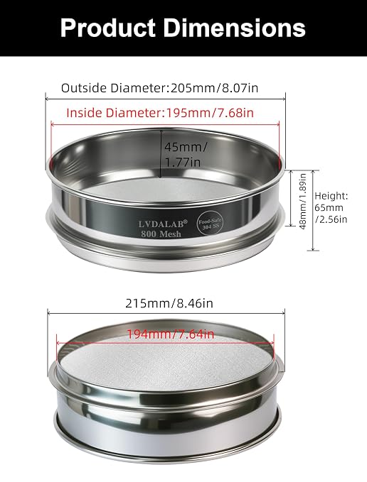 All 304 Stainless Steel 800 Mesh Test Sieve (0.015mm Aperture), 8 Inch/20cm Diameter, Ultra Fine Micron Filter for Advanced Scientific Research & Material Testing