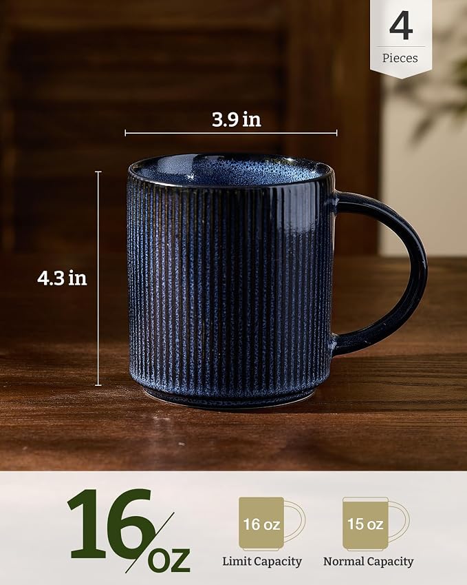 famiware Coffee Mug Set for 4, Star 16 oz Catering Mugs Cup Set with Handle for Coffee, Tea, Cocoa, Milk - Ceramic Stoneware Drinkware Set, Nebulas Blue