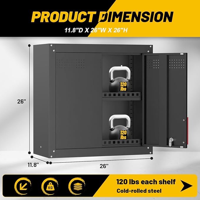 Eltean Metal Wall Cabinet,Wall Mounted Garage Storage Cabinet with Lock and Handle,Garage Wall Cabinet with Adjustable Shelves for Garages, Storage Rooms, Basements