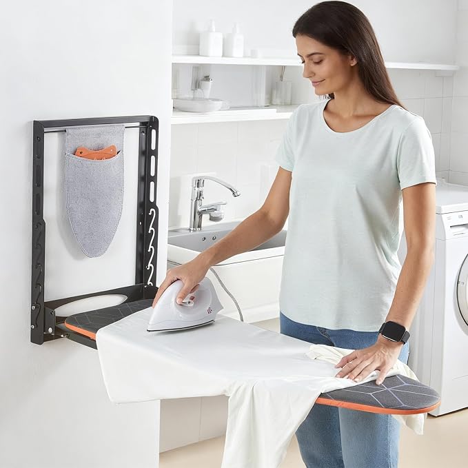 Seiritex Wall Mounted Ironing Board with Iron Holder, 42x14 Compact Mount Foldable Ironing Board for Small Spaces, Space Saving with Cotton Fabric Cover and Silicone Iron Rest