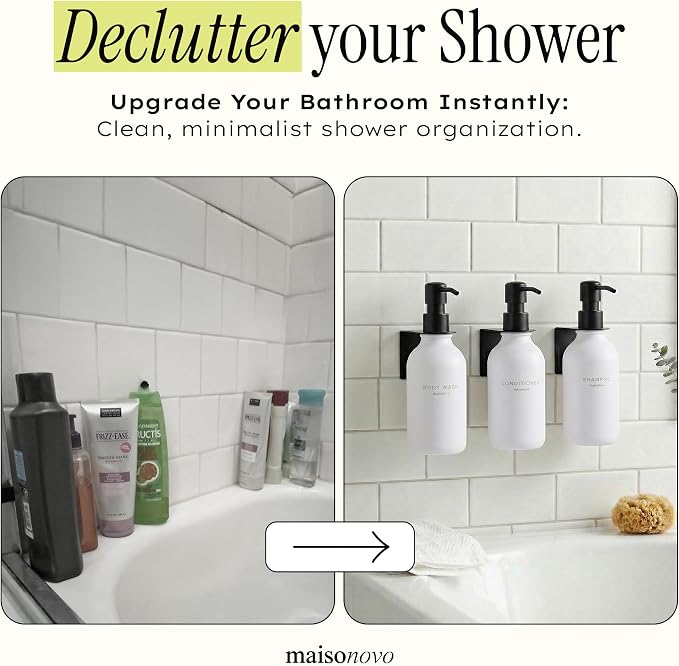 Shampoo and Conditioner Dispenser Wall Mounted Set of 3 White Black - No Drill Shower Soap Dispenser for Bathroom Refillable - Spa Hotel Style Accessories by MaisoNovo