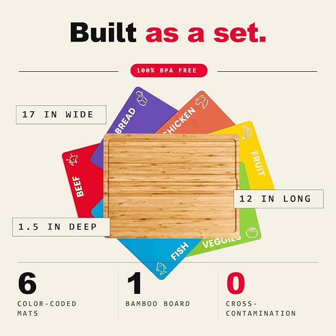Bamboo Cutting Board Set with 6 Color Coded Flexible Mats Food Icons, BPA-Free Non Slip Easy Clean Cutting Boards for Kitchen with Holder, Dishwasher Safe, Meal Prep & Serving, Large | Cooler Kitchen